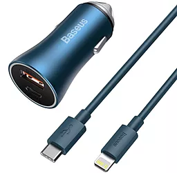 Автомобильное зарядное устройство с быстрой зарядкой Baseus Golden Contactor Dual Quick Car Charger 40W + USB Type-C - Lightning Cable Blue (TZCCJD-03)