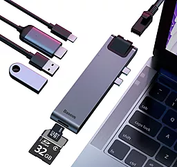 Мультипортовый USB Type-C хаб Baseus Smart Pro 7-in-1 Thunderbolt 3 USB-C, 2USB-C 3.0, HDMI, SD Gray (CAHUB-L0G) - миниатюра 2