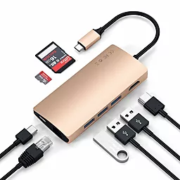 Мультипортовый USB Type-C хаб Satechi 4К USB-C -> HDMI/USB 3.0/Type-C/Ethernet/Card Reader Gold (ST-TCMA2G) - миниатюра 3