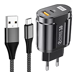 Сетевое зарядное устройство Powermax Duo Basic 20W PD/QC U+C + micro USB cable Black