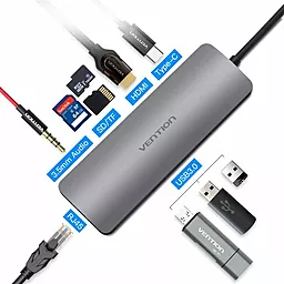 Мультипортовый USB Type-C хаб Vention Aluminum 9 in 1 USB 3.1 USB-C -> HDMI/USB3.0х3/Type-C/RJ45/TF/SD/3.5 audio (CGNHA) - миниатюра 2