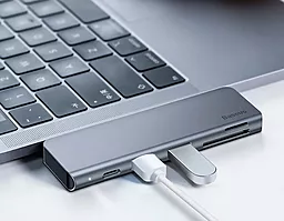 Мультипортовый USB Type-C хаб Baseus USB-C Harmonica Five-in-one Multiport Adapter Grey (CAHUB-K0G) - миниатюра 4