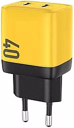 Мережевий зарядний пристрій з швидкою зарядкою Veron TC-35 GaN 40w PD 2xUSB-C ports fast charger yellow