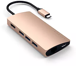 Мультипортовый USB Type-C хаб Satechi 4К USB-C -> HDMI/USB 3.0/Type-C/Ethernet/Card Reader Gold (ST-TCMA2G)