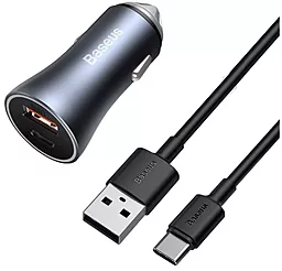 Автомобільний зарядний пристрій з швидкою зарядкою Baseus Golden Contactor Pro Dual USB-A/USB-C QC 40w 5A + USB Type-C cable dark gray (TZCCJD-0G)
