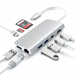 Мультипортовый USB Type-C хаб Satechi USB-C -> HDMI/DisplayPort/Gigabit Ethernet/3xUSB3.0/Card Reader/Type-C Silver (ST-TCMM8PAS)