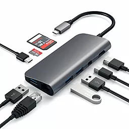 Мультипортовый USB Type-C хаб Satechi USB-C -> USB 3.0/USB Type-C/HDMI/Ethernet/Card Reader/Mini Display port/USB A Space Gray (ST-TCMM8PAM)