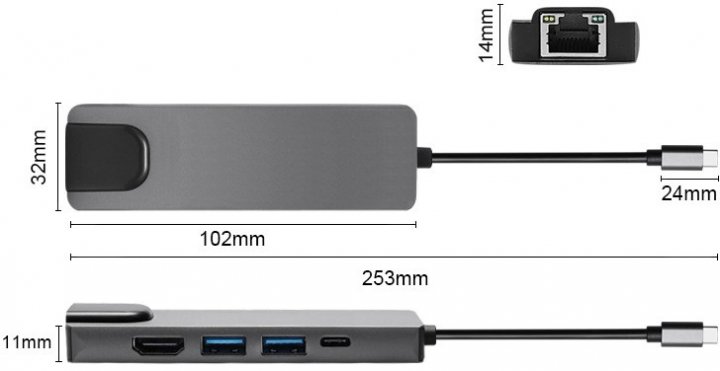 USB Type-C хаб (концентратор) XoKo AC-500 2xUSB 3.0/Type-C HDMI RJ45 Grey (XK-AC500-SL) / изоборажение №2