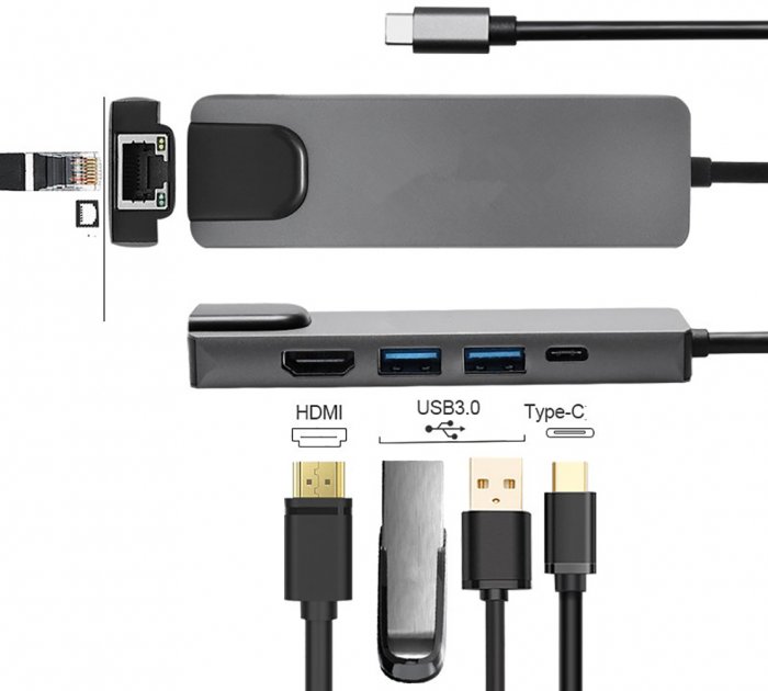 USB Type-C хаб (концентратор) XoKo AC-500 2xUSB 3.0/Type-C HDMI RJ45 Grey (XK-AC500-SL) / изоборажение №1