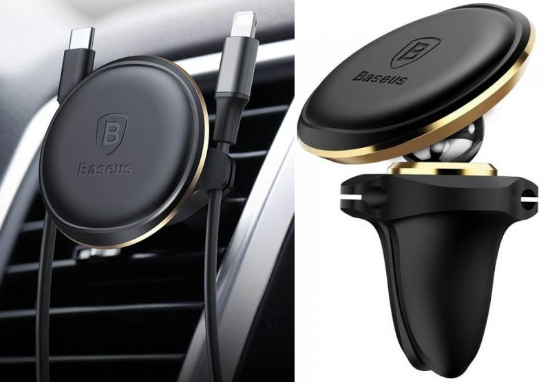 Baseus Small Ears Series Magnetic Car Air Vent Mount with Cable Clip удержит и телефон, и кабели к нему.