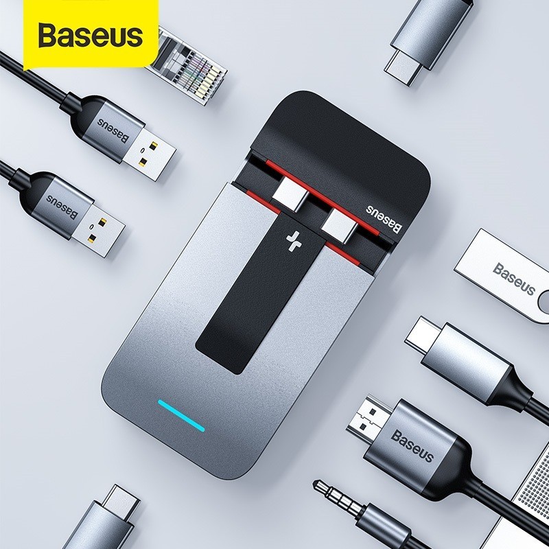 Концентратор (USB-HUB) Baseus Armor Age Multifunctional Adapter USB Type-C - 2xUSB 3.0, 3xUSB Type-C, 1xRJ45, 1xUSB 2.0, 1x HDMI, 1xAUX3.5 Silver (CAHUB-AJ0G) / зображення №1