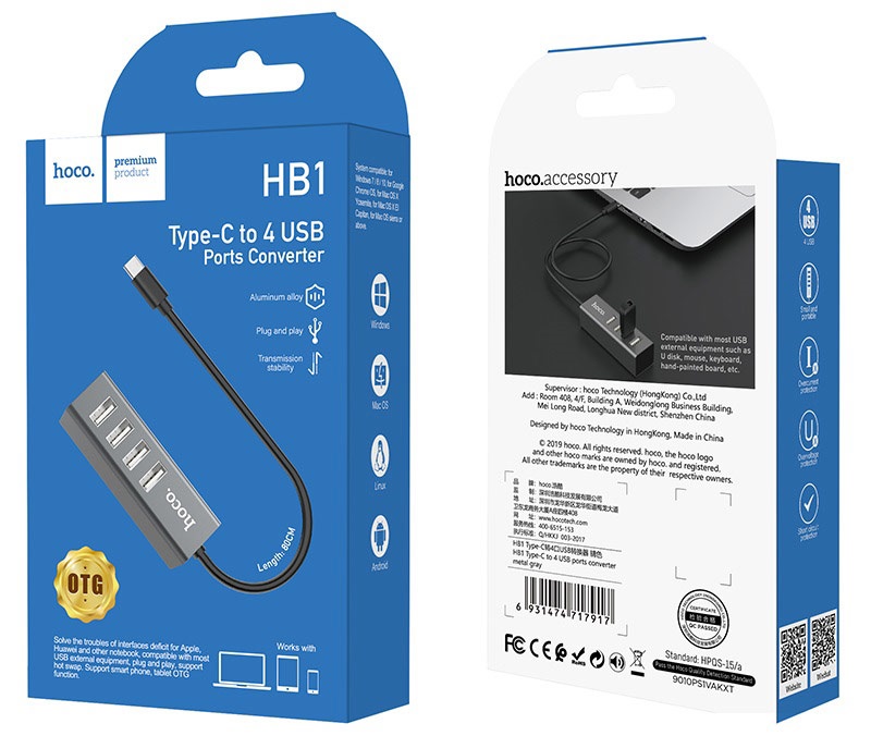Концентратор (USB хаб) Hoco HB1 Hub USB Type-C — 4xUSB 2.0 Tarnish / изоборажение №3