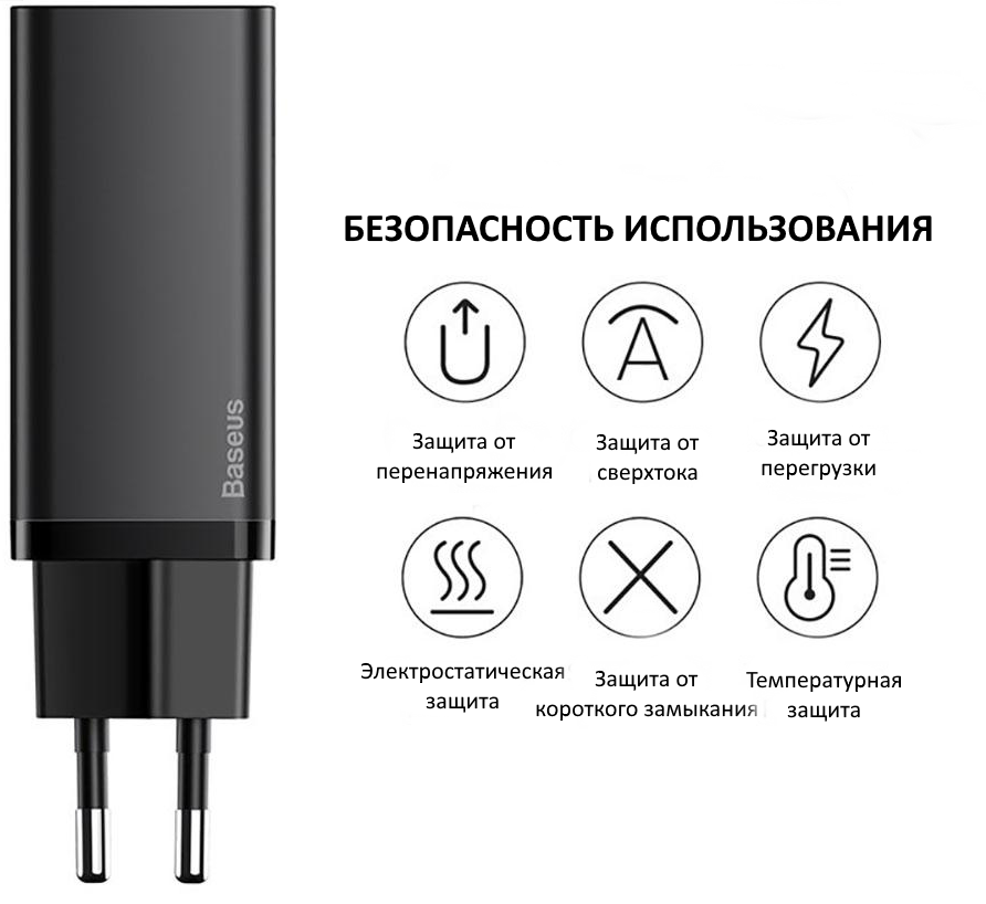 Сетевое зарядное устройство с поддержкой быстрой зарядки Baseus GaN2 Lite Quick ChargerC+U 65W EU Black (CCGAN2L-B01) / изоборажение №1