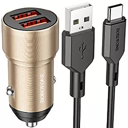 Автомобільний зарядний пристрій Borofone BZ19 Wisdom 2.4a 2xUSB-A ports car charger + USB-C cable gold
