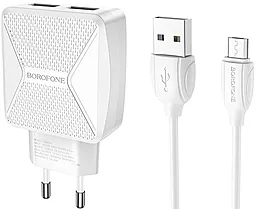 Сетевое зарядное устройство Borofone BA45A Max Power 2.4a 2xUSB-A ports charger + micro USB cable white