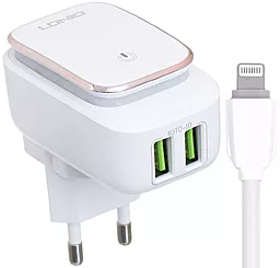 Сетевое зарядное устройство LDNio A2205 2.4a 2USB-A ports charger + Lightning cable (LED Touch) white