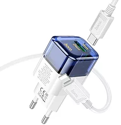 Сетевое зарядное устройство Hoco C131A 30w PD USB-C/USB-A ports charger + USB-C to Lightning cable transparent blue - миниатюра 2
