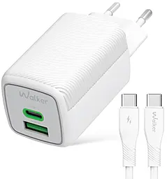 Сетевое зарядное устройство Walker WH-75 65w GaN PD USB-C/UBS-A ports charger USB-C to USB-C cable white - фото Сетевое зарядное устройство Walker WH-75 65w GaN PD USB-C/UBS-A ports charger USB-C to USB-C cable white