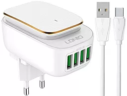 Мережевий зарядний пристрій LDNio A4405 22w 4xUSB-A ports charger + USB-C cable (LED lamp) white