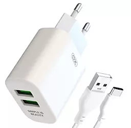Мережевий зарядний пристрій XO L85C 2.4a 2xUSB-A ports charger + USB-C cable white