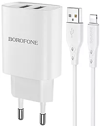 Сетевое зарядное устройство Borofone BN2 Super Fast 2.1a 2xUSB-A ports charger + Lightning cable white
