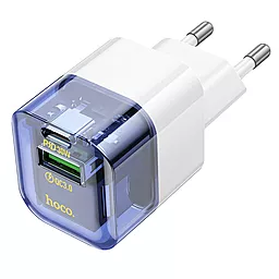 Сетевое зарядное устройство Hoco C131A 30w PD USB-C/USB-A ports charger + USB-C to Lightning cable transparent blue - миниатюра 6