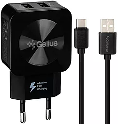 Мережевий зарядний пристрій Gelius GU-HC02 Ultra Prime 2.1a 2xUSB-A ports charger + USB-C cable black
