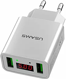 Мережевий зарядний пристрій Usams Travel charger LCD 2 USB 2.1A White (US-CC040)