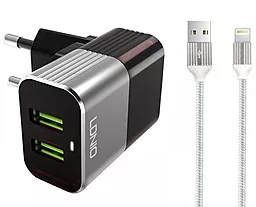 Сетевое зарядное устройство LDNio DL-2206 2.4a 2xUSB-A ports charger + Lighting cable grey