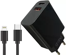 Мережевий зарядний пристрій Grand D20QP-1 20w PD/QC3.0 USB-C/USB-A ports charger + USB-C to Lightning cable black