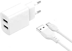 Сетевое зарядное устройство XO L109 2.4a 2xUSB-A ports charger + USB-C cable white