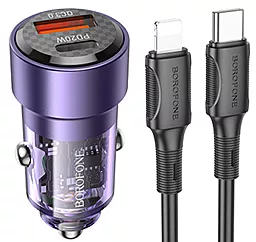 Автомобільний зарядний пристрій Borofone BZ20 Smart 38w PD USB-C/USB-A ports car charger + USB-C to Lightning cable purple
