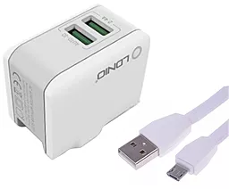 Мережевий зарядний пристрій LDNio DL-A2203 2.4a 2xUSB-A ports charger + micro USB cable (EU/US/UK) white