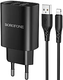 Мережевий зарядний пристрій Borofone BN2 Super Fast 2.1a 2xUSB-A ports charger + Lightning cable black