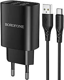 Сетевое зарядное устройство Borofone BN2 Super Fast 2.1a 2xUSB-A ports charger + USB-C cable black
