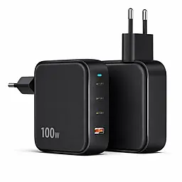 Сетевое зарядное устройство с быстрой зарядкой 4U GaN 100W 3xUSB-C/USB-A fast charger black (YD-100MUC31A) - фото Сетевое зарядное устройство с быстрой зарядкой 4U GaN 100W 3xUSB-C/USB-A fast charger black (YD-100MUC31A)