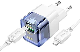 Сетевое зарядное устройство Hoco C131A 30w PD USB-C/USB-A ports charger + USB-C to Lightning cable transparent blue - миниатюра 3