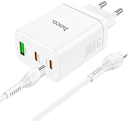 Мережевий зарядний пристрій Hoco N33 35w PD 2xUSB-C/USB-A ports fast charger + USB-C to Lightning cable white - мініатюра 3