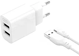 Мережевий зарядний пристрій XO L109 2.4a 2xUSB-A ports charger + micro USB cable white
