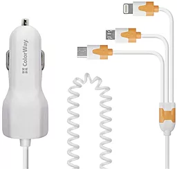Автомобильное зарядное устройство ColorWay 3.1a car charger+ 3-in-1 to USB-C/micro USB/Lightning cable white (CW-CHA006-WT)